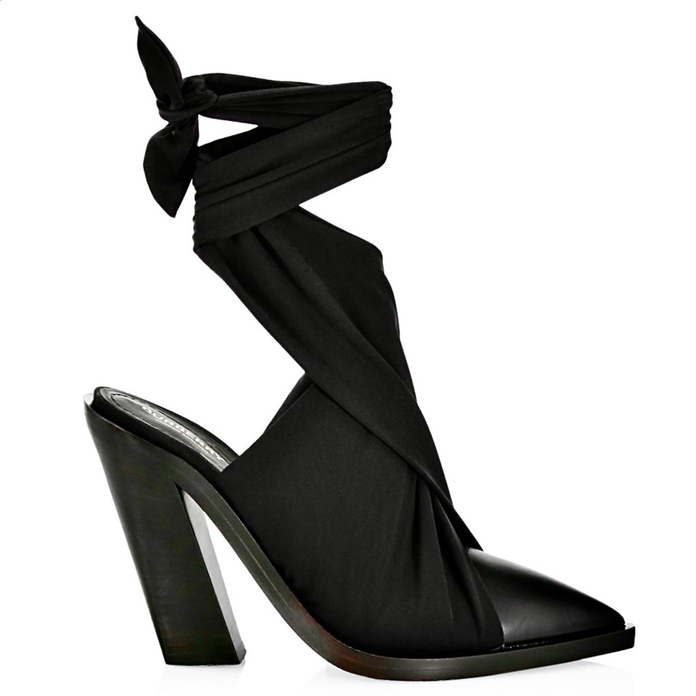 NWT Burberry Tillington Black Leather Ankle-Tie Point-Toe Bootie Pump Mule Heels